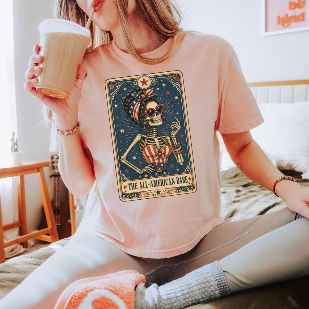 The All American Babe  Fit T-Shirt, Funny Skeleton Girls Shirt, Usa Flag